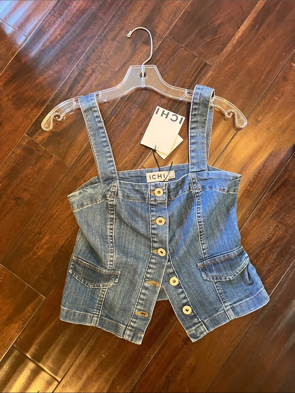 ICHI Denim Button-Front Crop Top in Light Blue